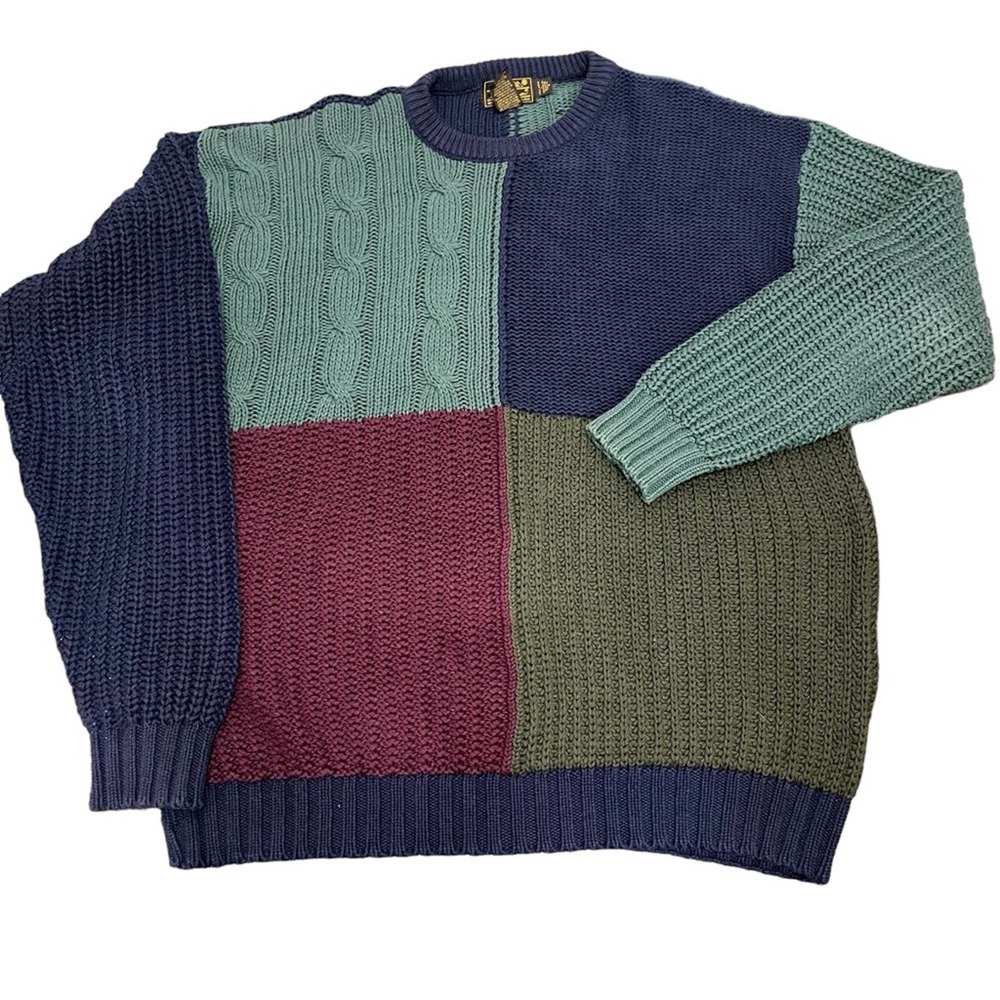 Vtg 90s Eddie Bauer Cotton Cable Knit Color Block Oversized Gorpcore Sweater